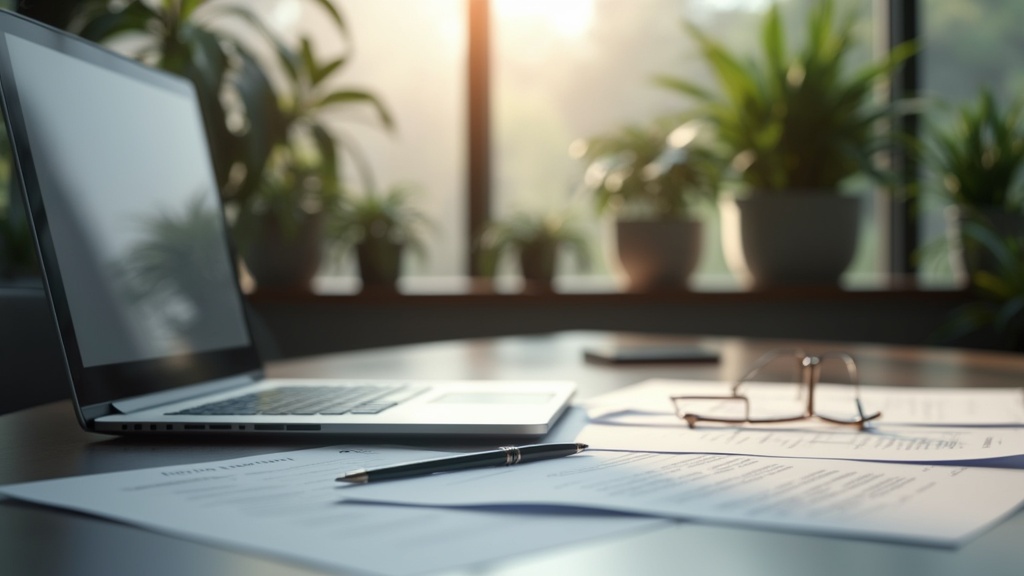 Laptop and documents on office desk with plants