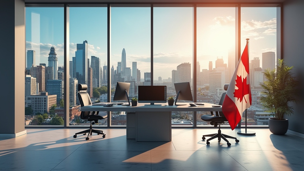 Modern office with Canadian flag, city skyline view.