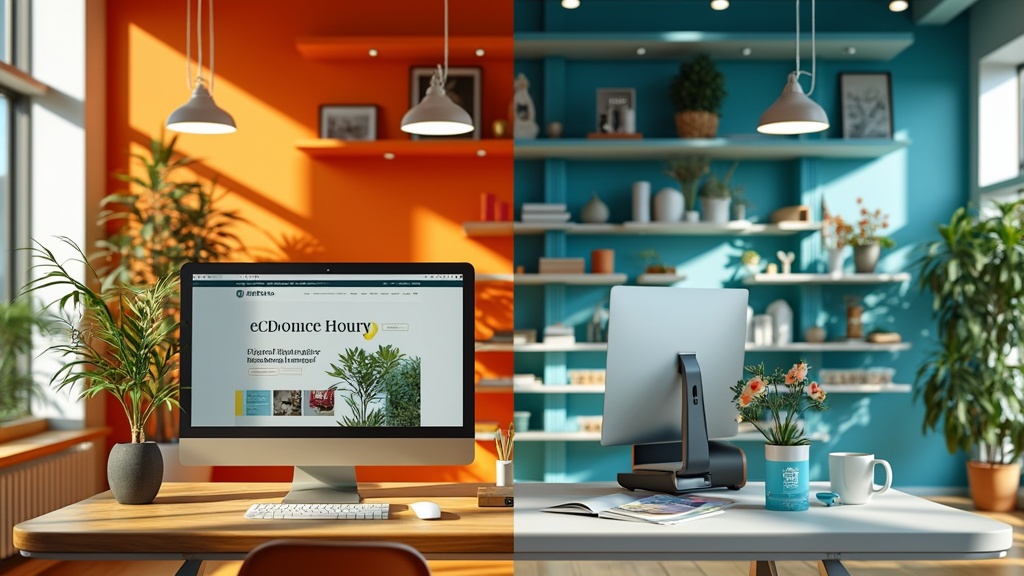 Split office with colourful decor and computers