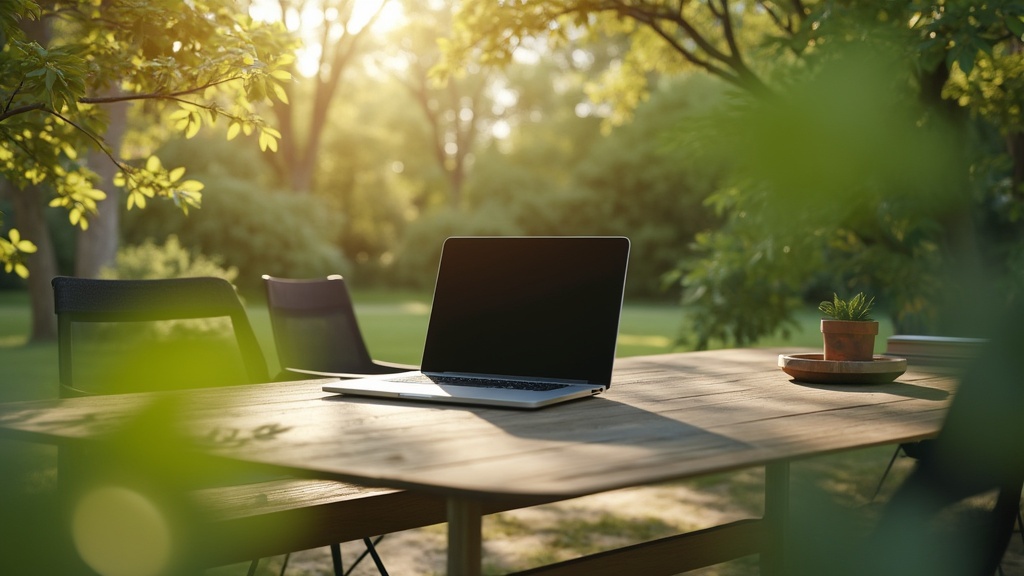 Laptop on outdoor table in sunny park