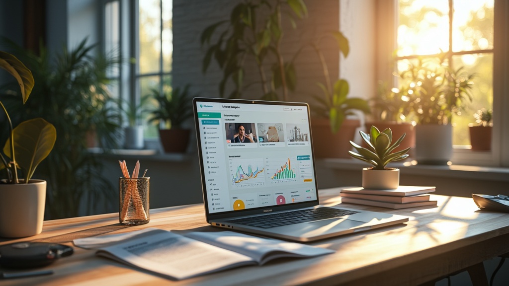 Laptop displaying business analytics on sunlit desk