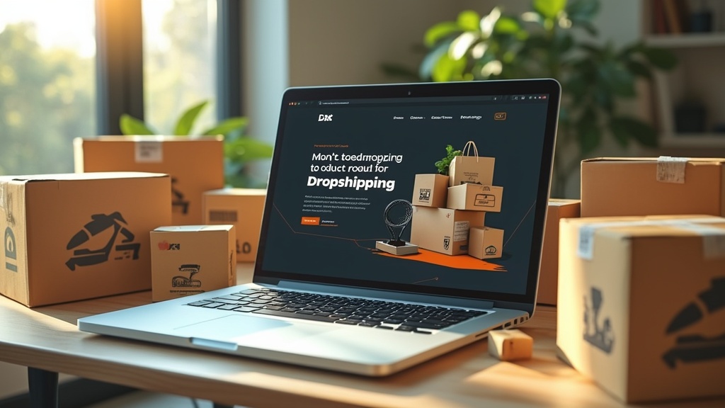 Laptop with dropshipping website and cardboard boxes