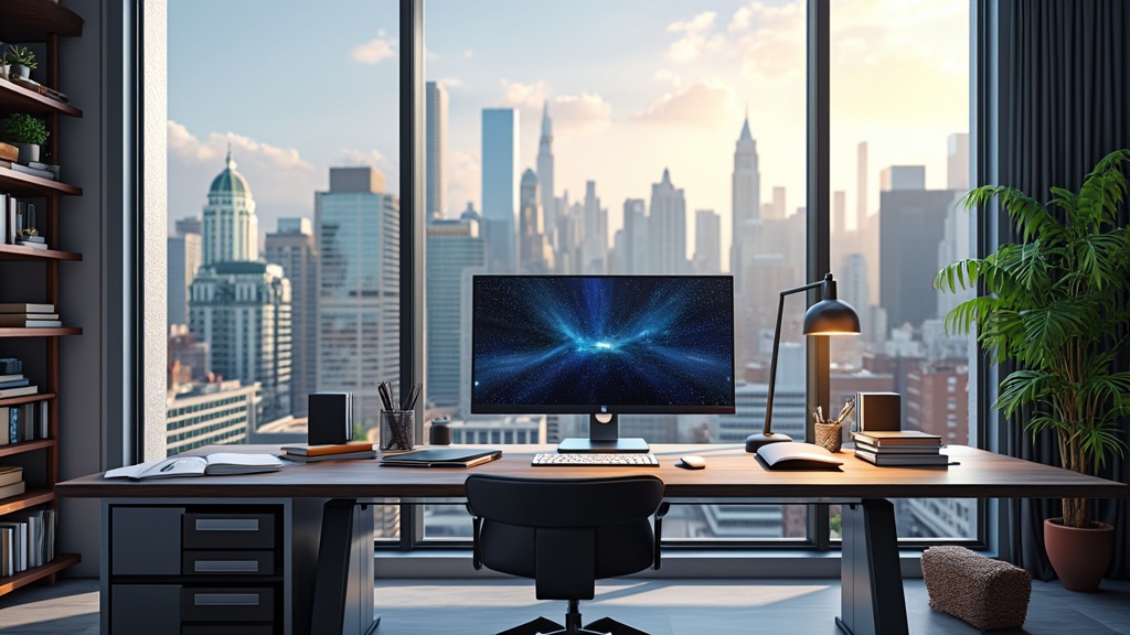 Modern office desk with city skyline view.