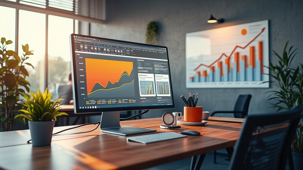 Office with computer showing data charts.