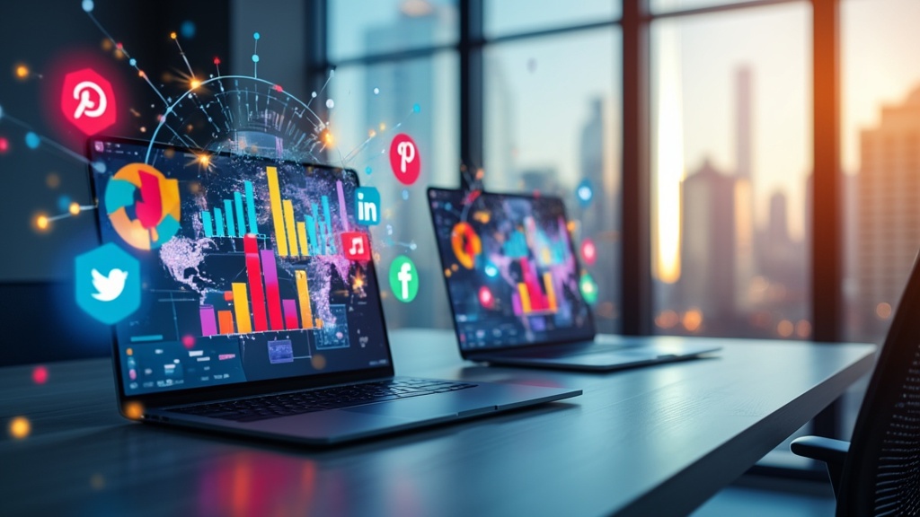 Laptops displaying digital analytics and social media icons.