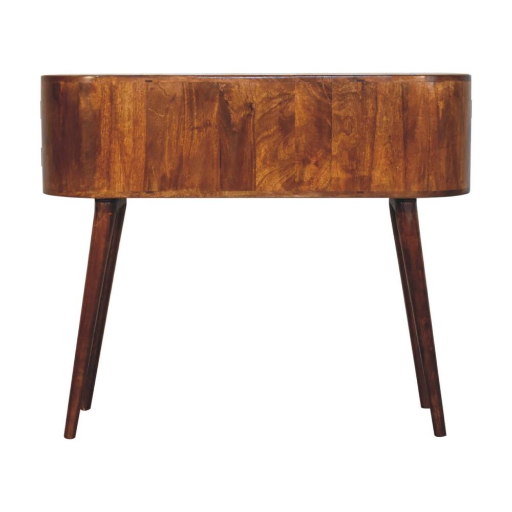 Mid-century modern wooden side table on tall legs.