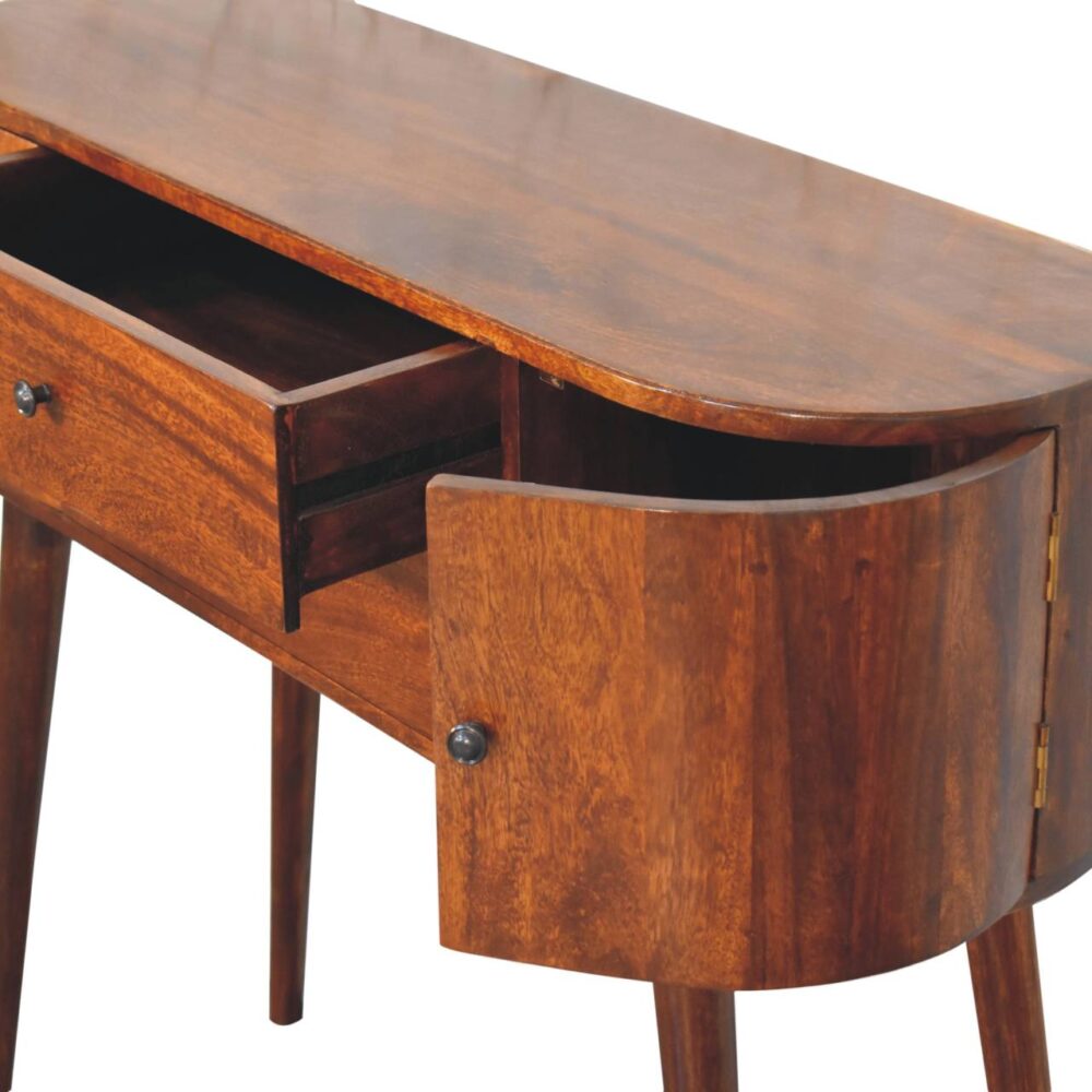Wooden console table with open drawer and cabinet.
