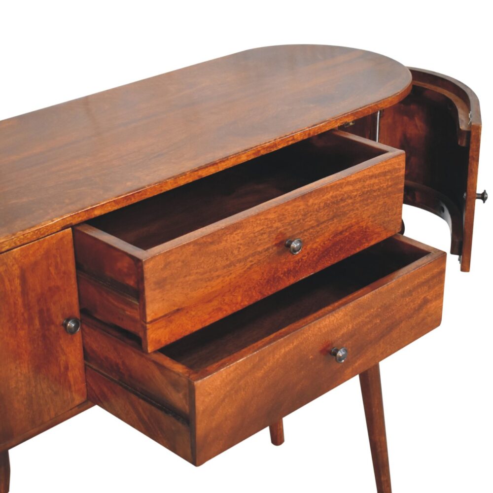 Wooden sideboard with open drawers and shelf