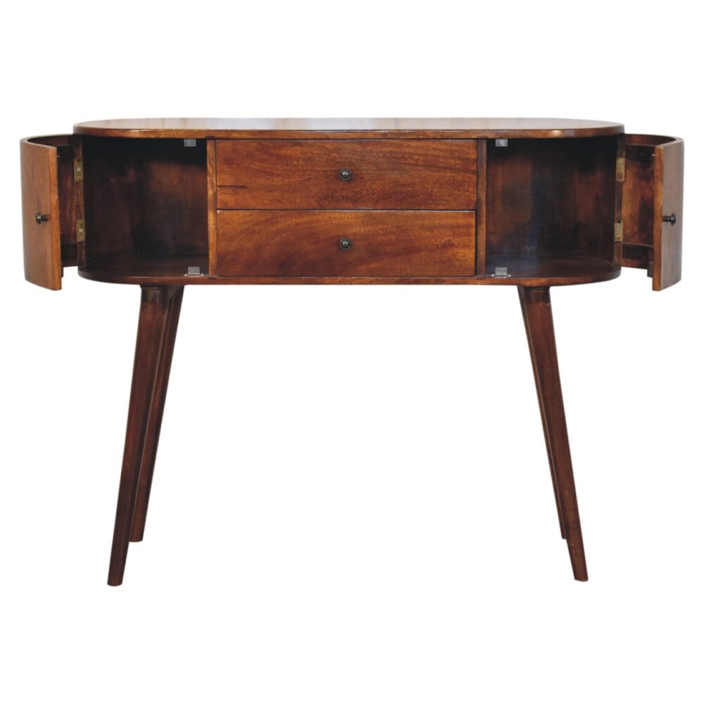Mid-century modern wooden sideboard with open cabinets.