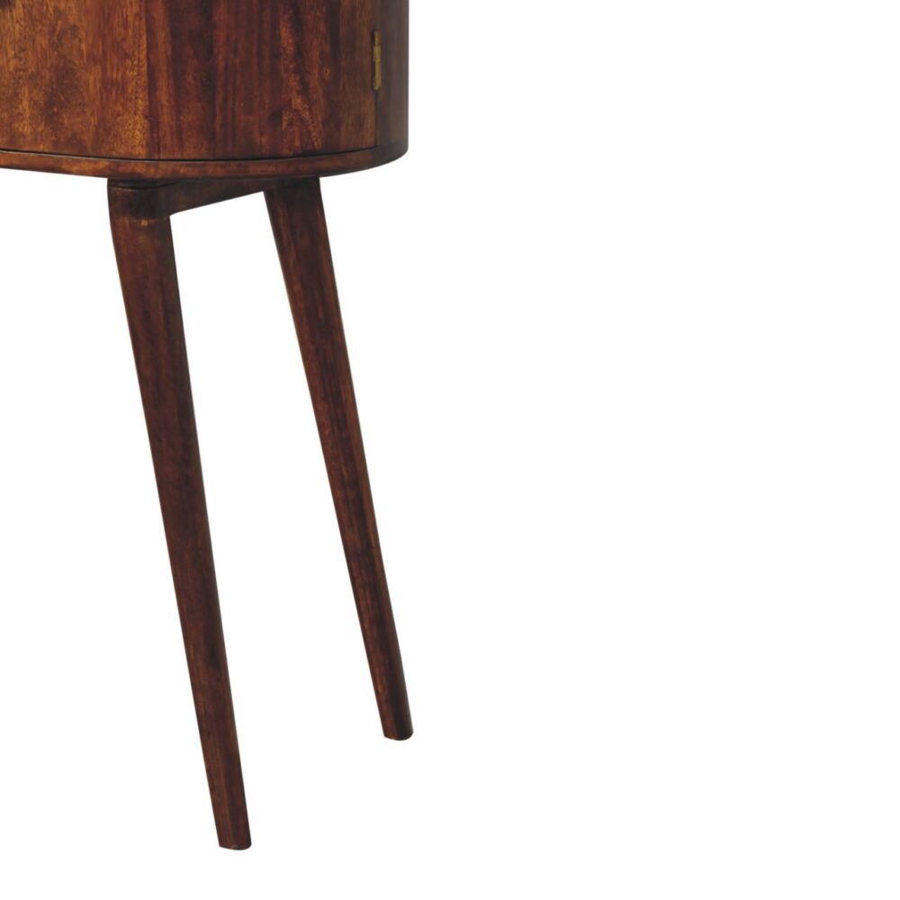 Mid-century modern wooden cabinet with long legs.