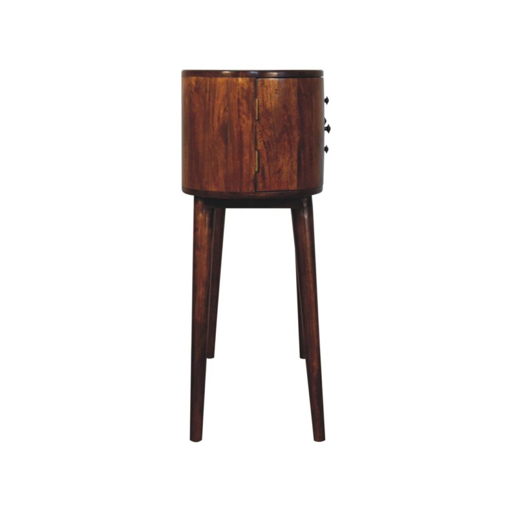 Tall wooden cabinet with round design and legs.
