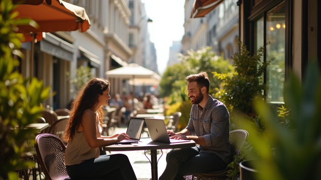Outdoor meeting at cafe with laptops.