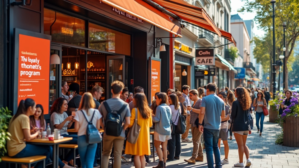 Crowd outside a busy cafe on sunny street.
