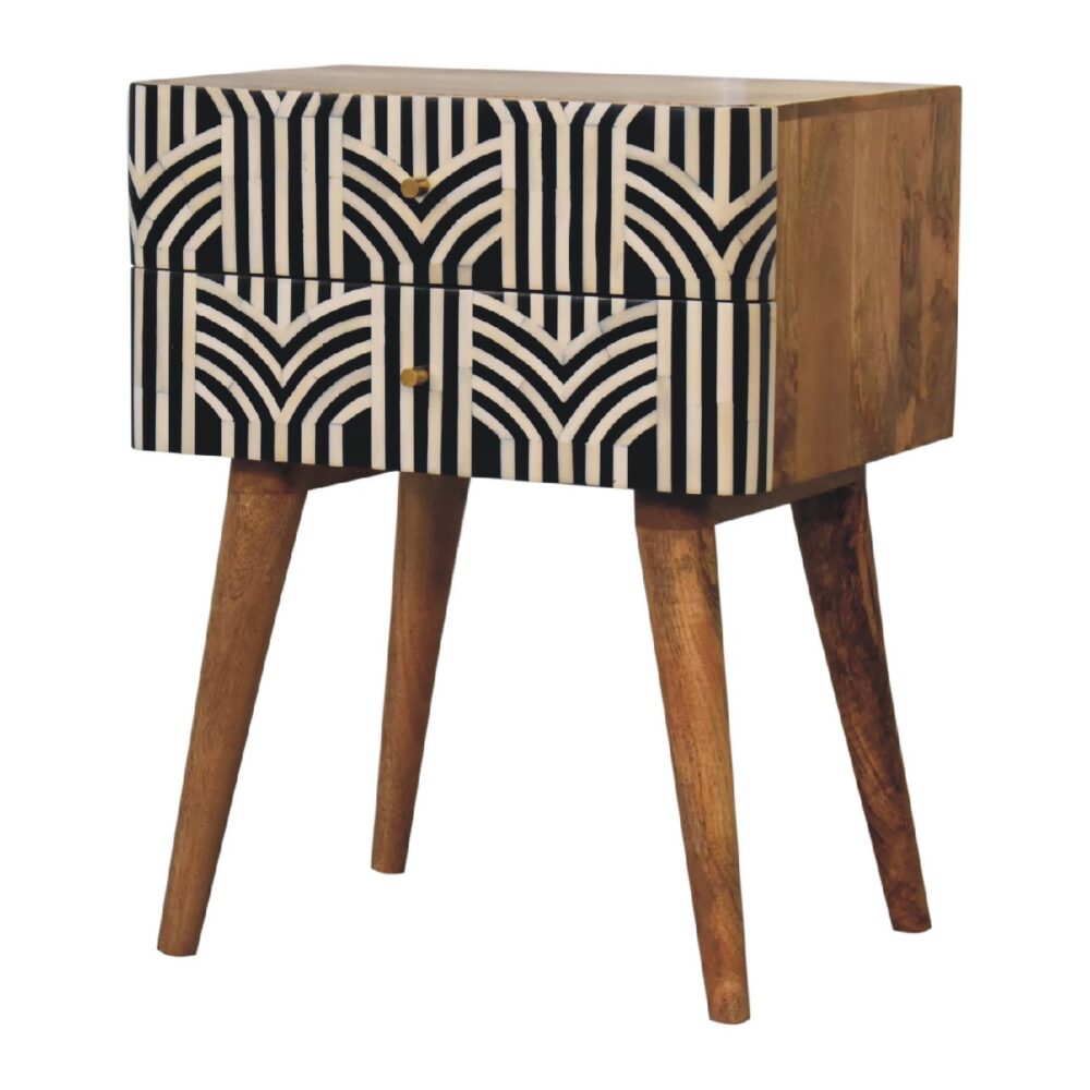 Geometric-patterned wooden side table with drawers.