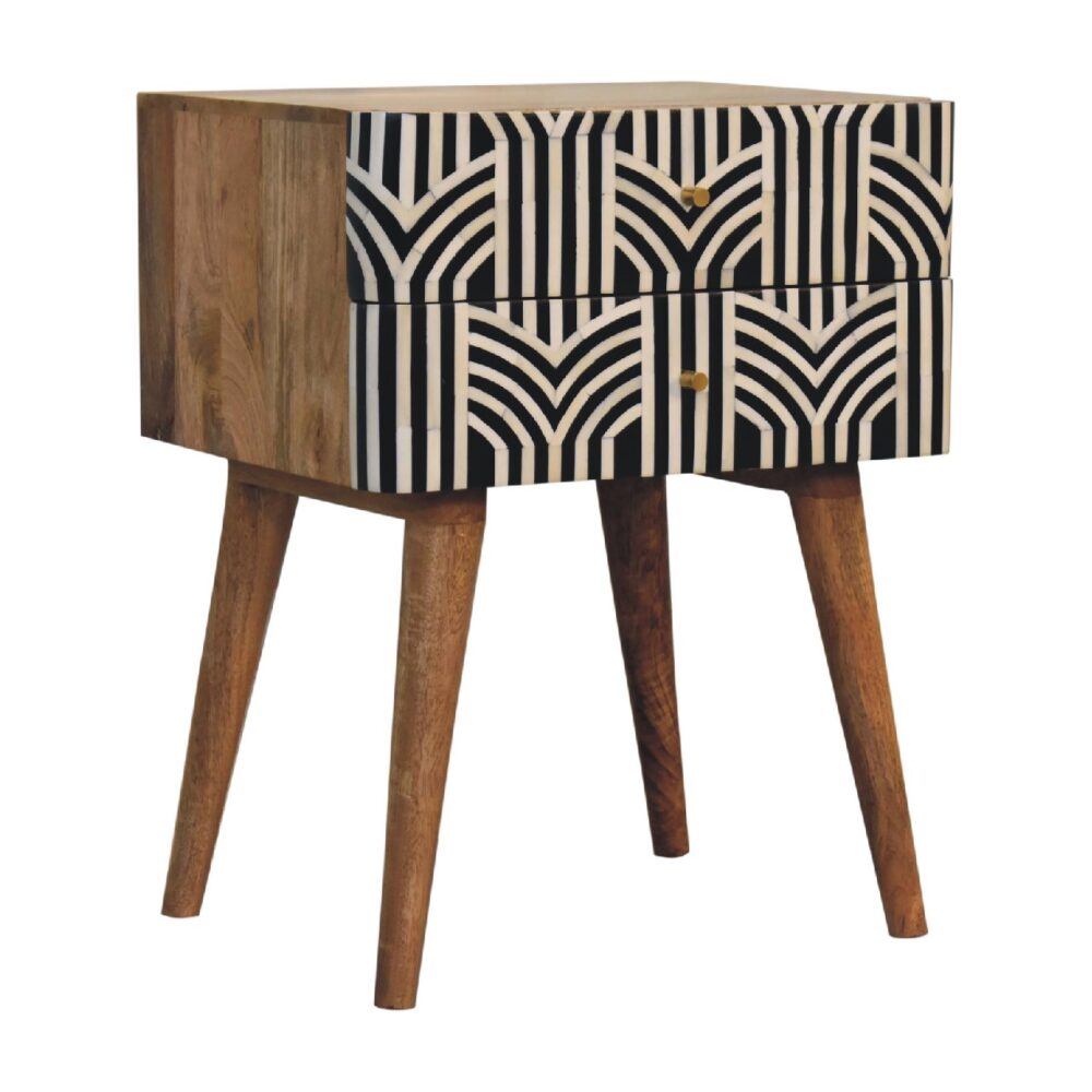 Modern wood nightstand with geometric black-and-white design.