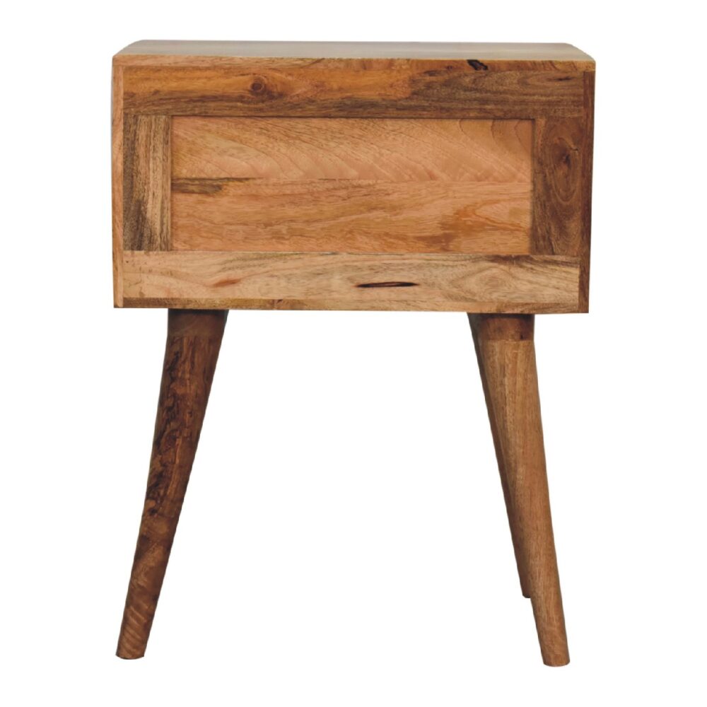 Wooden side table with three tapered legs.